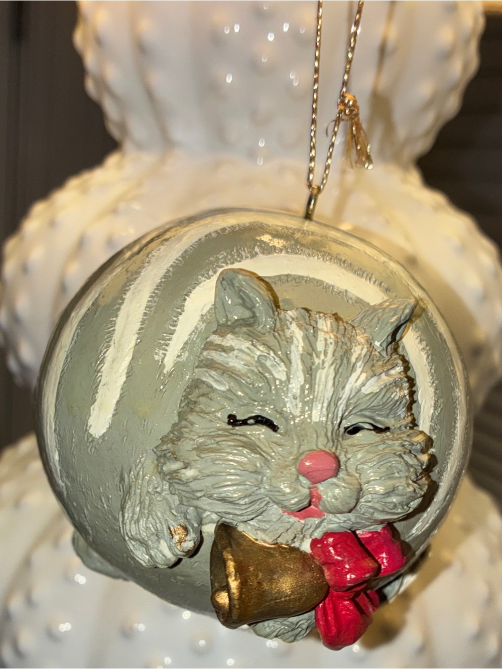 Vintage 1980s Hand-Painted Ceramic Chonky Cat Ornament Retro Holiday Figurine